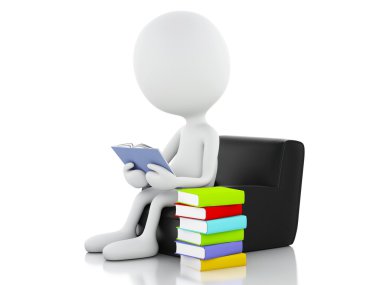 3d beyaz insanlar beyaz arka plan üzerine bir kitap okuma.