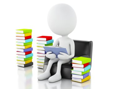 3d beyaz insanlar beyaz arka plan üzerine bir kitap okuma.