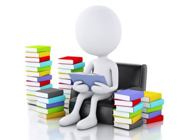 3d beyaz insanlar beyaz arka plan üzerine bir kitap okuma.