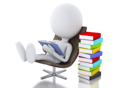 3d beyaz insanlar beyaz arka plan üzerine bir kitap okuma.