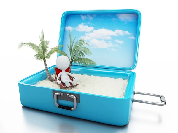 3D białych ludzi w podróży walizkę. wakacje na plaży — Zdjęcie stockowe