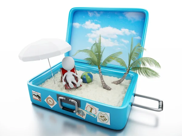 3d белые люди в чемодане путешествия. отдых на пляже — стоковое фото