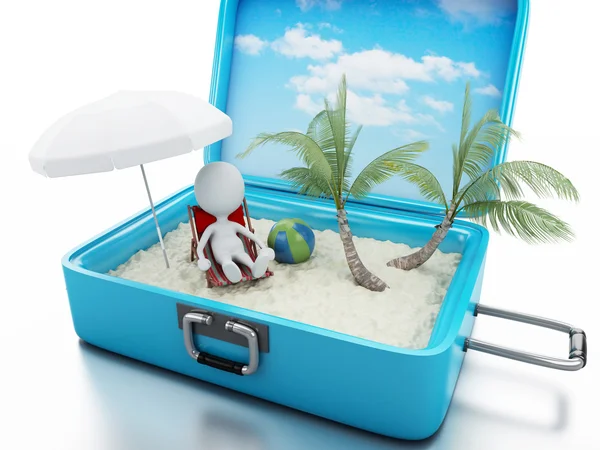 Egy utazási bőrönd 3D fehér emberek. tengerparti nyaralás — Stock Fotó