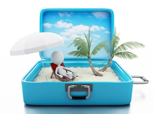 3d white people in a travel suitcase. beach vacation — Stock Photo, Image