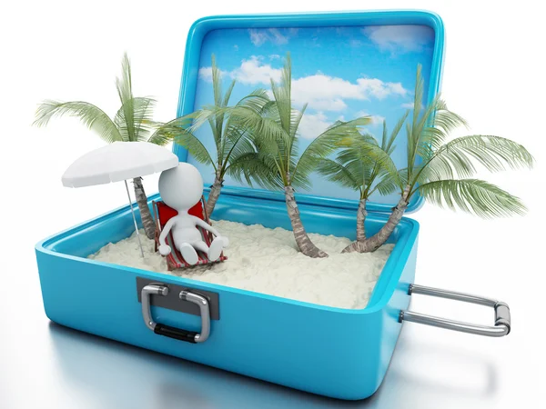 3d white people in a travel suitcase. beach vacation — Stock Photo, Image