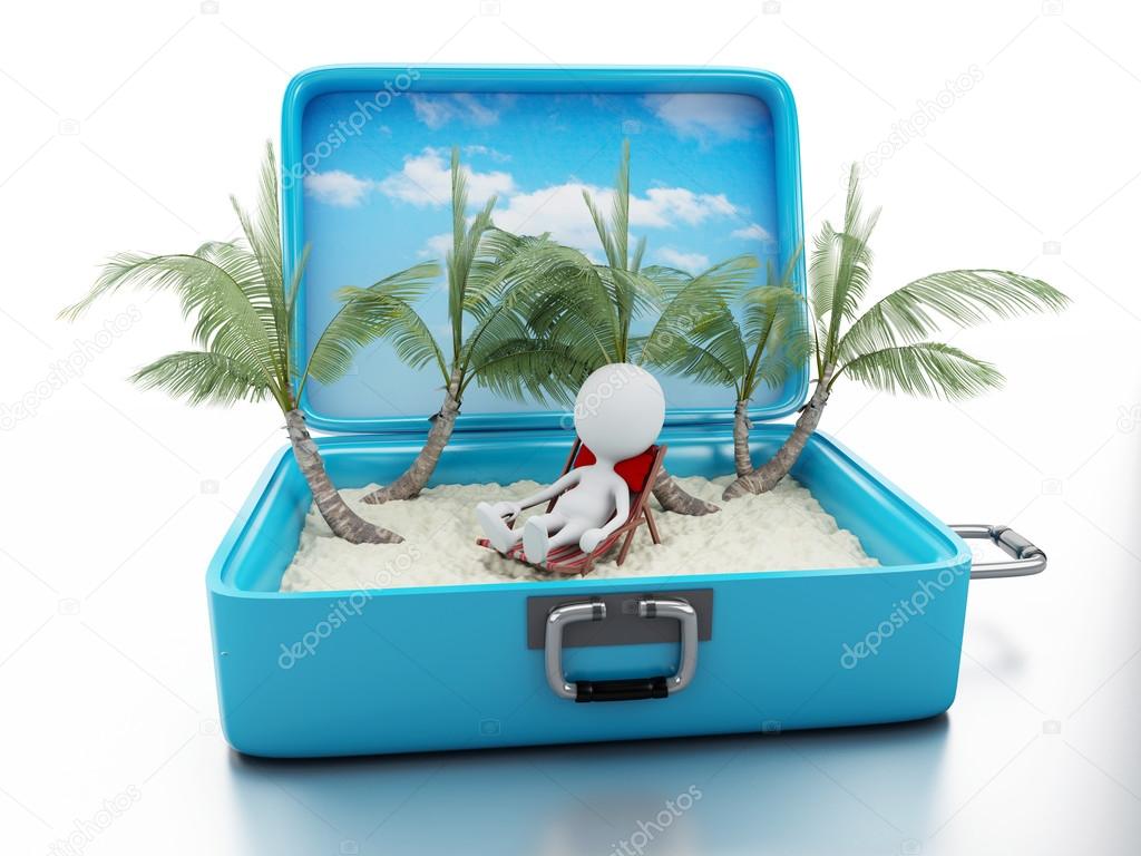 3d white people in a travel suitcase. beach vacation
