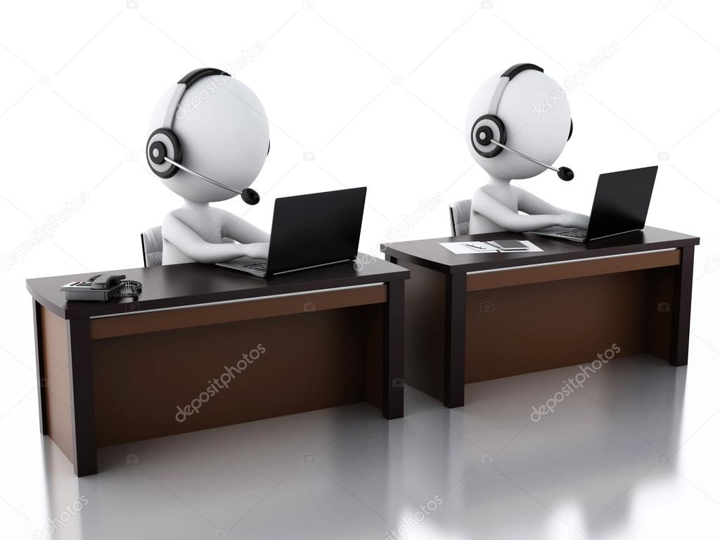 3d white people with a Headphones with Microphone and laptop.