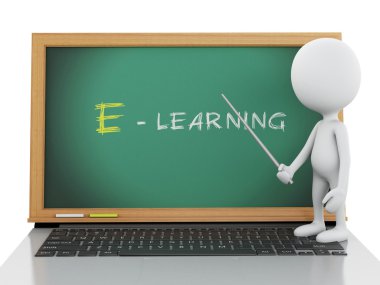 dizüstü bilgisayar ile 3D beyaz insanlar. e - öğrenme kavramı.
