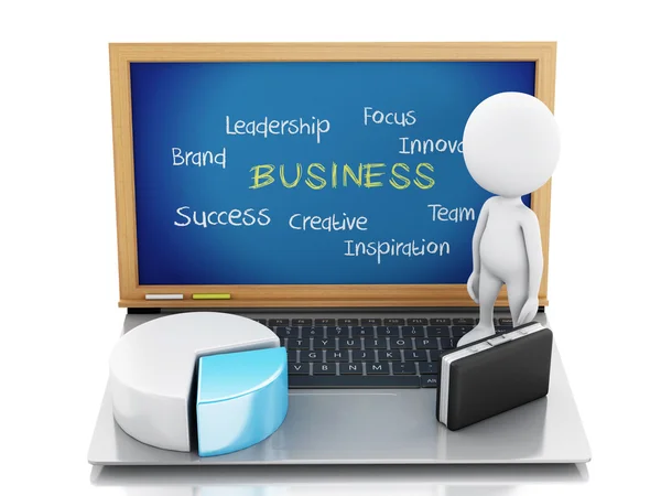 3D-witte zakenmensen met statistiek grafiek en laptop. — Stockfoto