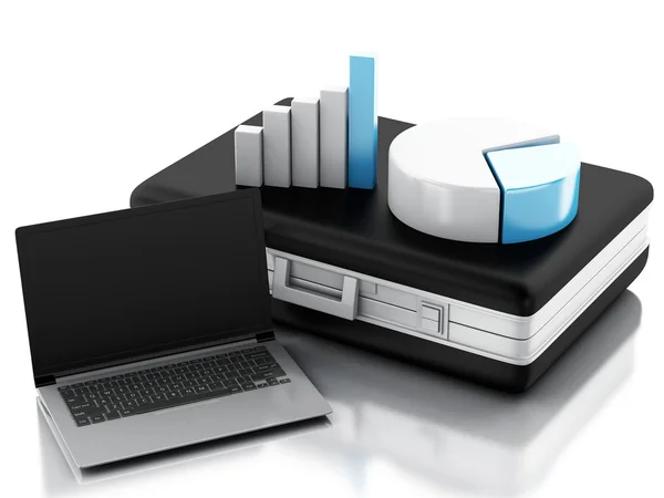 Maletín 3d, gráfico estadístico y PC portátil. Oficina de negocios con — Foto de Stock