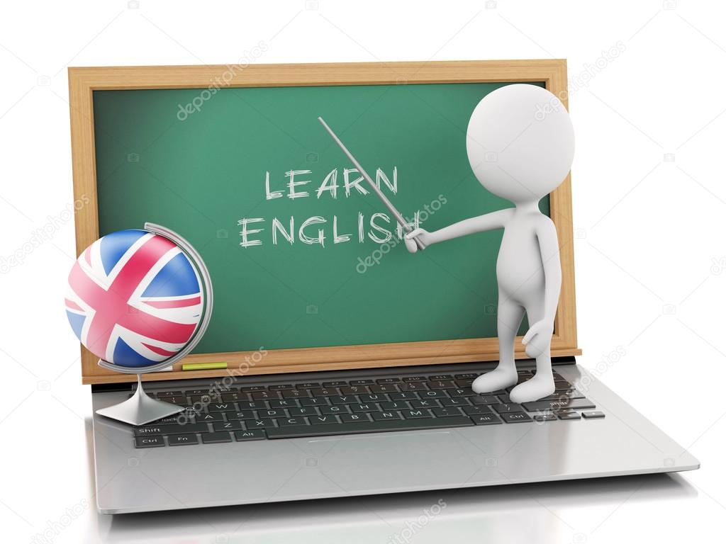 3d white people with laptop. Learn English concept.