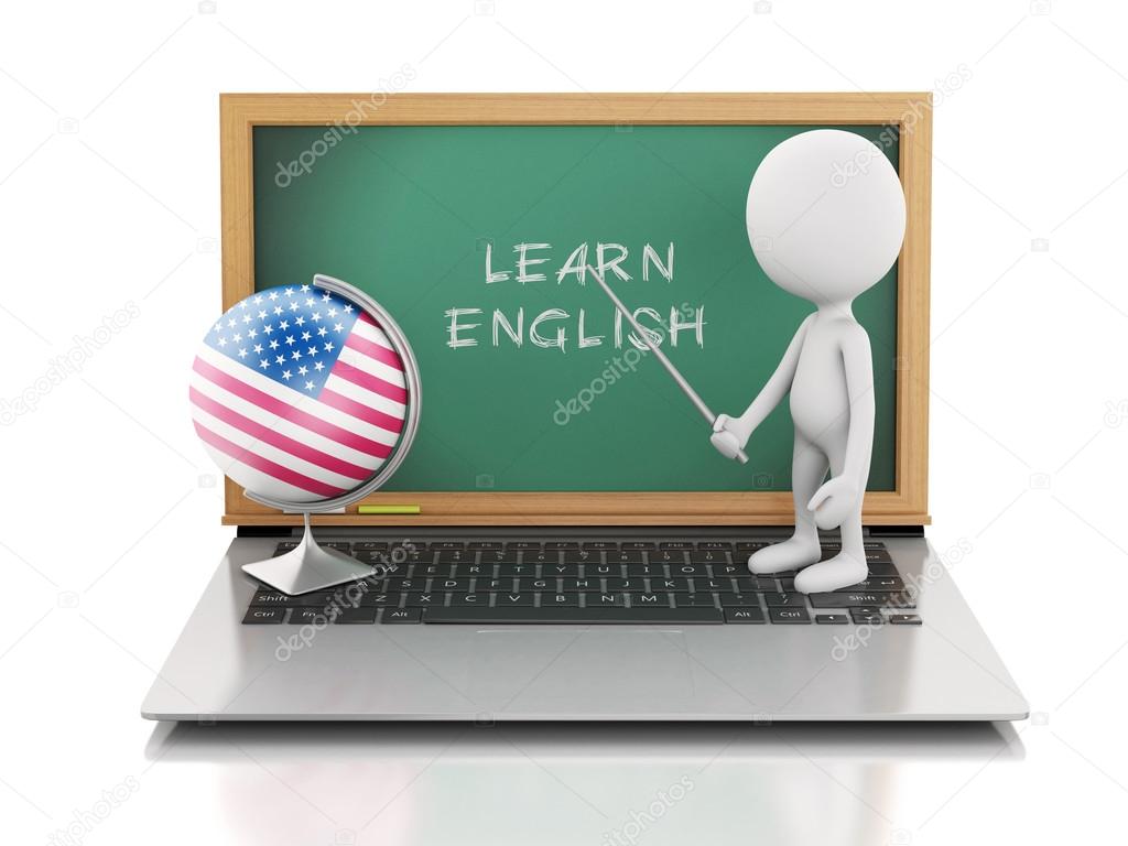 3d white people with laptop. Learn English concept.