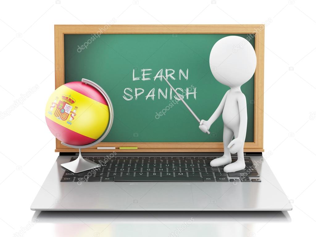 3d white people with laptop. Learn spanish concept.