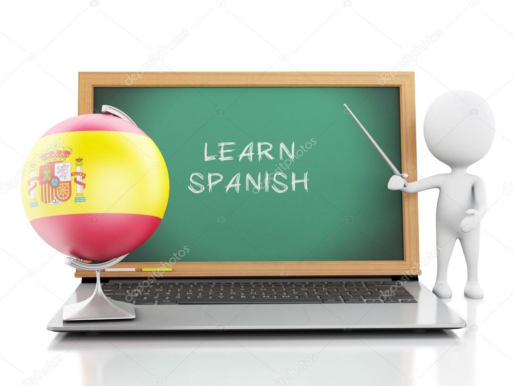 3d white people with laptop. Learn spanish concept.