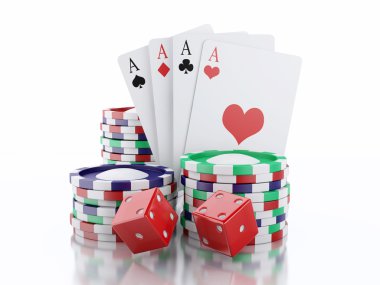 3D zar, kartları ve patates kızartması. Casino kavramı. İzole beyaz backgro
