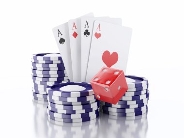 3D zar, kartları ve patates kızartması. Casino kavramı. İzole beyaz backgro