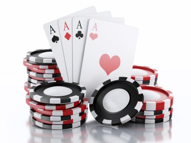 3D casino belirteçleri ve iskambil. İzole beyaz arka plan