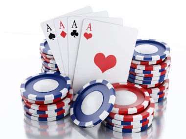 3D casino belirteçleri ve iskambil. İzole beyaz arka plan