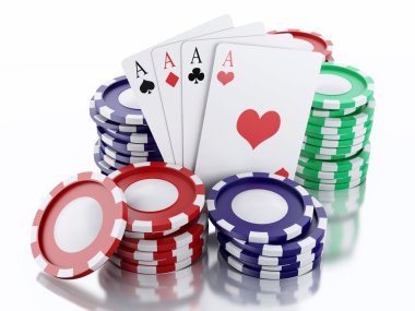 3D casino belirteçleri ve iskambil. İzole beyaz arka plan