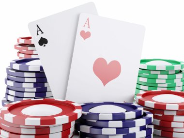3D casino belirteçleri ve iskambil. İzole beyaz arka plan