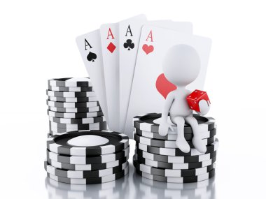 casino tolkens, zar ve kartları ile 3D beyaz insanlar.