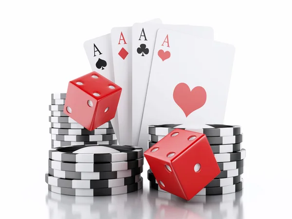 Dados 3d, cartas y fichas. Concepto Casino. Fondo blanco aislado — Foto de Stock