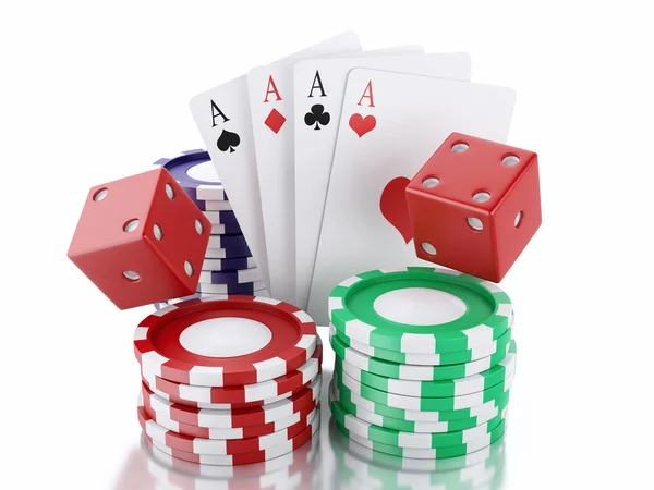 Dados 3d, cartas y fichas. Concepto Casino. Fondo blanco aislado —  Fotos de Stock