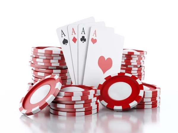 3D casino tokens en speelkaarten. Geïsoleerde witte achtergrond — Stockfoto