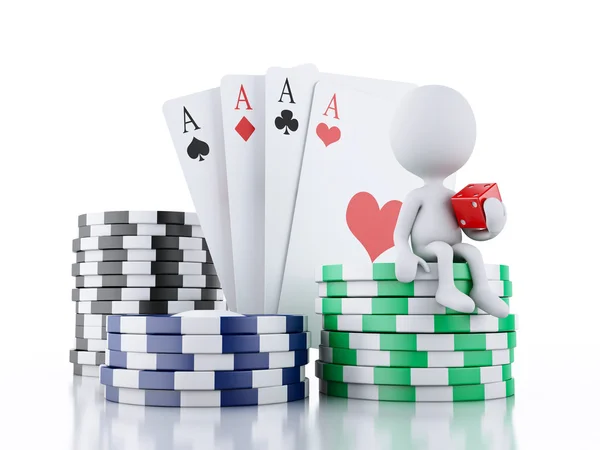 3d White people with casino tolkens, dice and cards. — Stock Photo, Image