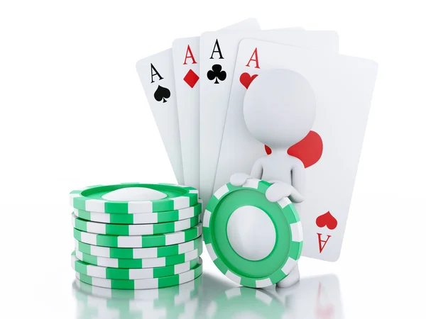 Casino tolkens ve kartları olan 3D beyaz insanlar. — Stok fotoğraf