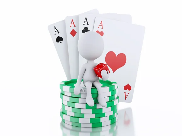 Casino tolkens ve kartları olan 3D beyaz insanlar. — Stok fotoğraf