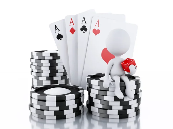 3d White people with casino tolkens, dice and cards. — Stock Photo, Image