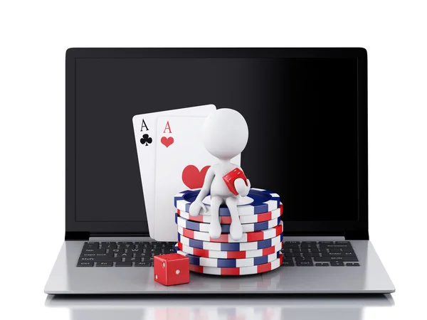 ノート パソコンで 3 d の白い人。カジノ オンライン ゲーム コンセプト — ストック写真