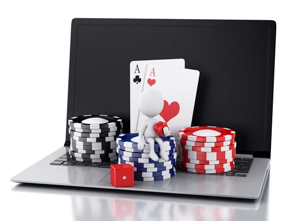 Dizüstü bilgisayar ile 3D beyaz insanlar. Casino online oyunlar kavramı — Stok fotoğraf