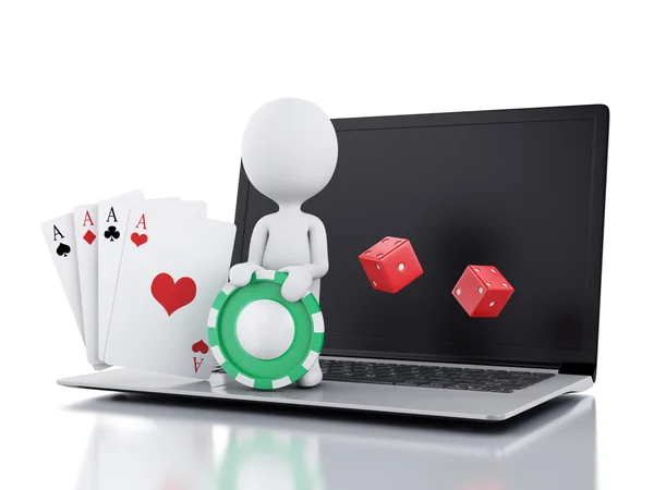 3d personas blancas con portátil. Casino concepto de juegos en línea —  Fotos de Stock