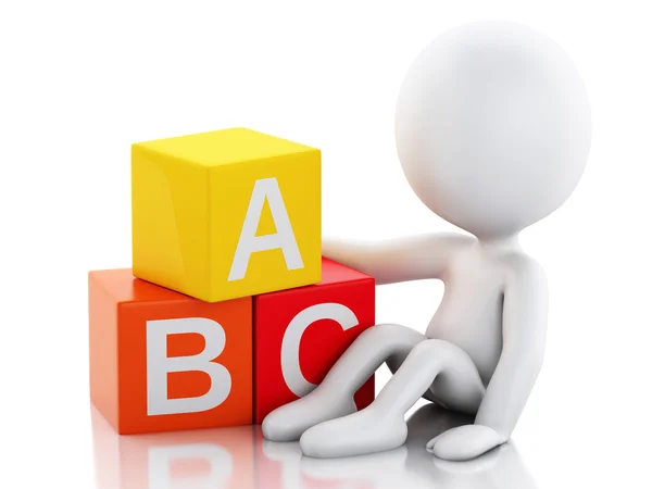 3d white people with ABC cubes on white background. — Stock Photo, Image