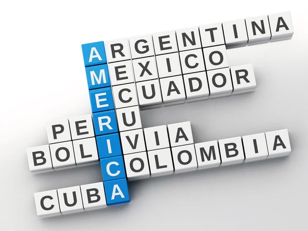 Concepto 3d América. Crucigrama con letras. Espalda blanca aislada —  Fotos de Stock