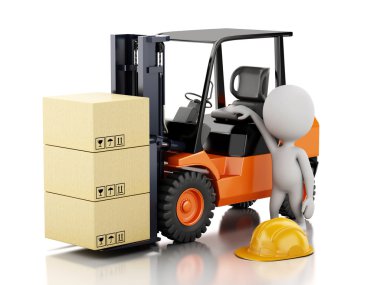 bir forklift ve karton kutuları ile 3D beyaz insanlar 
