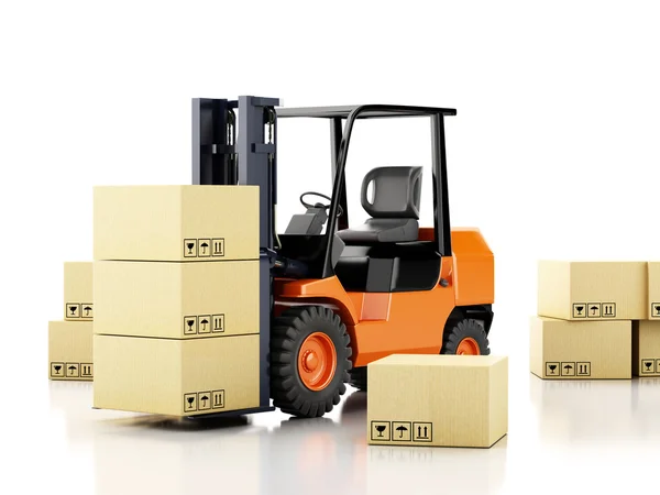 Truk forklift 3d dengan kotak kardus . — Stok Foto