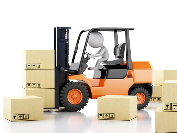 3d white people with a forklift and cardboard boxes — Stock Photo, Image