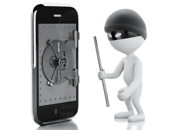 3d white people thief. Smartphone with safe door. — Stock Photo, Image