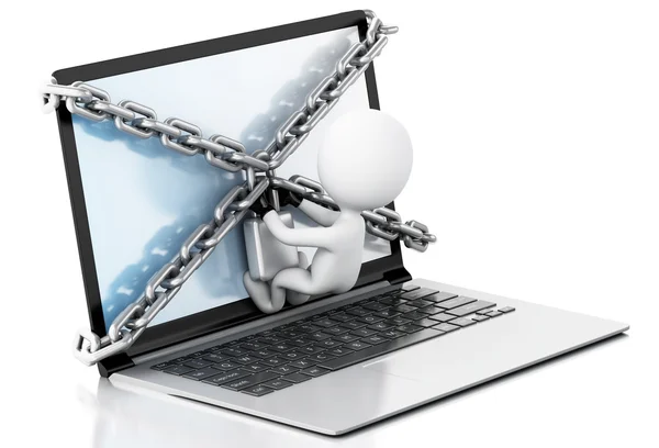 3D-laptop med lås och kedja. Data säkerhetskoncept. — Stockfoto