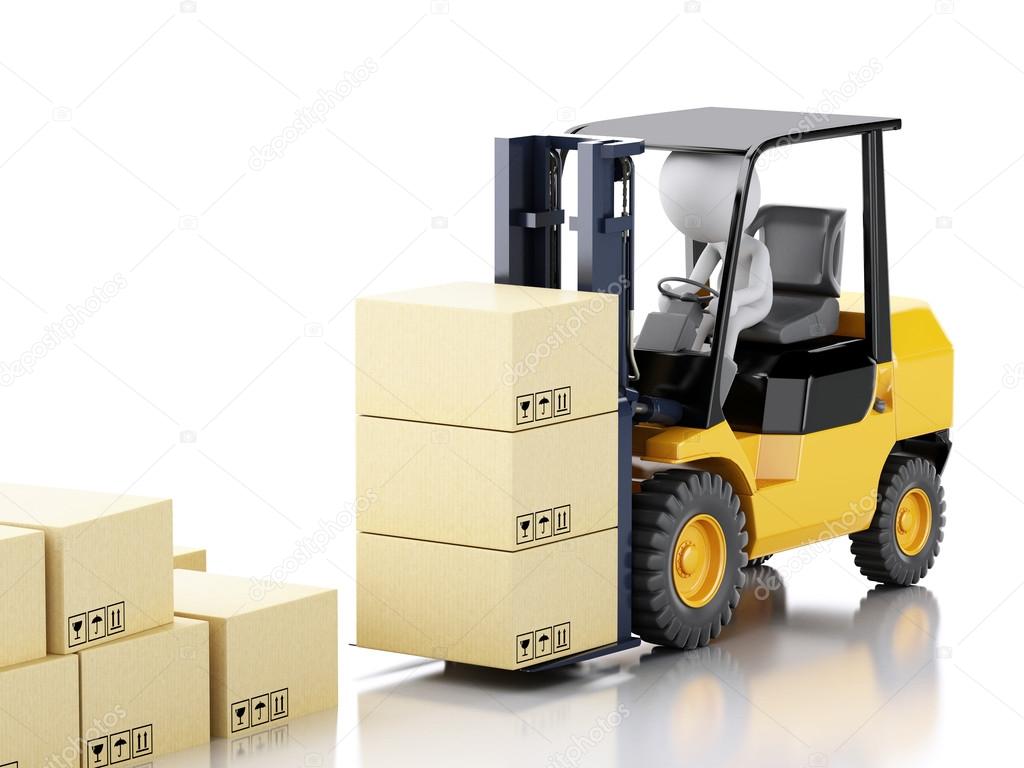 3d white people driving a forklift and cardboard boxes