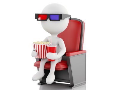 patlamış mısır ve içki ile 3D beyaz insanlar.