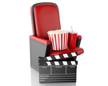 3D Sinema clapper kurulu, patlamış mısır ve içecek.