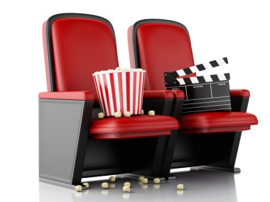 3D Sinema clapper yönetim kurulu ve patlamış mısır tiyatro koltukta.