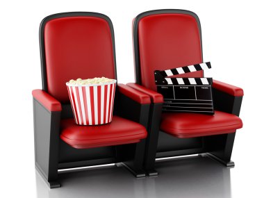 3D Sinema clapper yönetim kurulu ve patlamış mısır tiyatro koltukta.