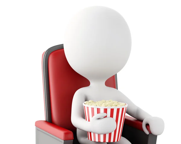 3D-witte mensen met popcorn. Geïsoleerde witte achtergrond — Stockfoto