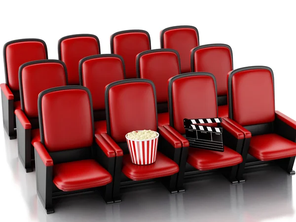 3d Cinema clapper board and popcorn on theater seat. — Stock Photo, Image