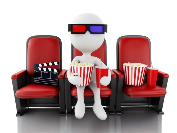 3D-witte mensen met klepel bestuur, popcorn en drinken op theater — Stockfoto